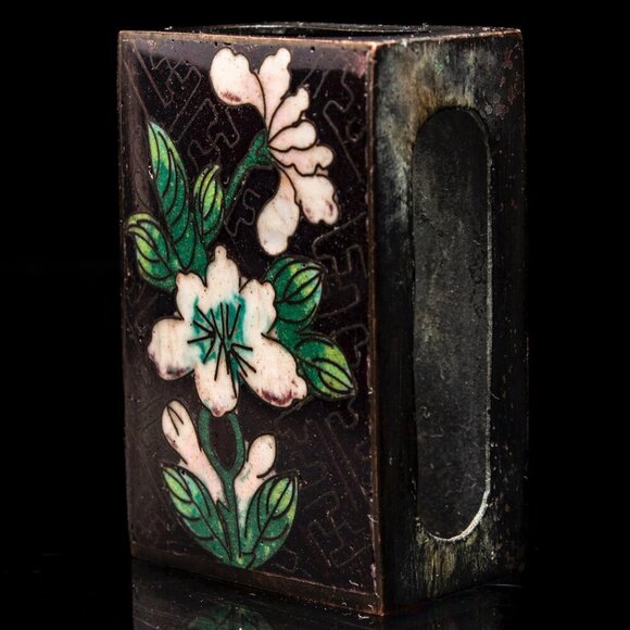 Vintage Cloisonné Black Floral Matchbox Cover With Hand-Painted Enamel Design - Picture 3 of 8